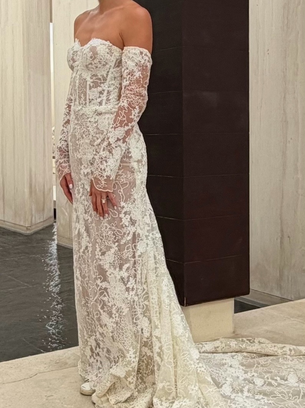 Off-Shoulder Ivory Lace Bridal Gown with Corset Bodice